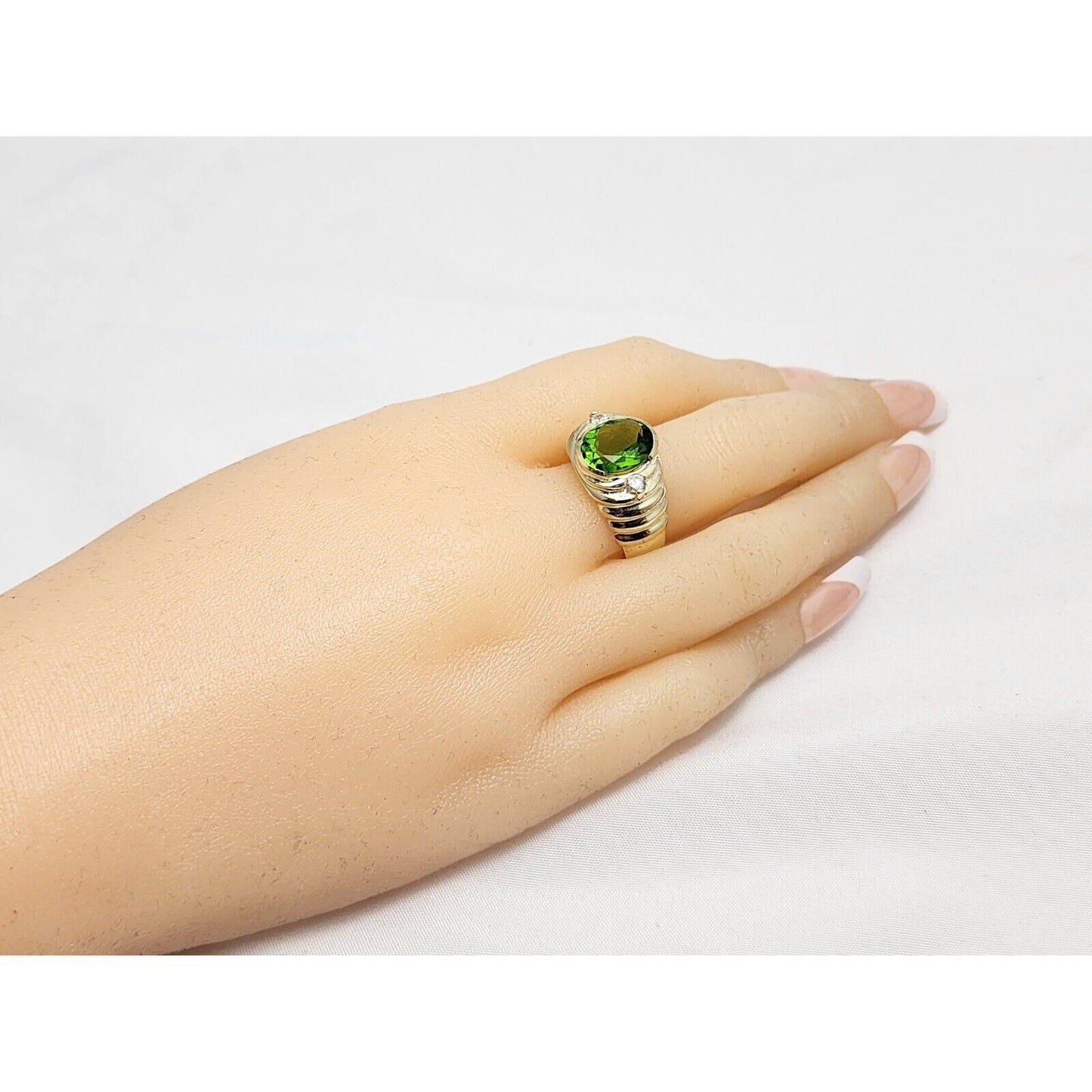 14K Yellow Gold Oval Peridot & Cubic Zirconia Ring