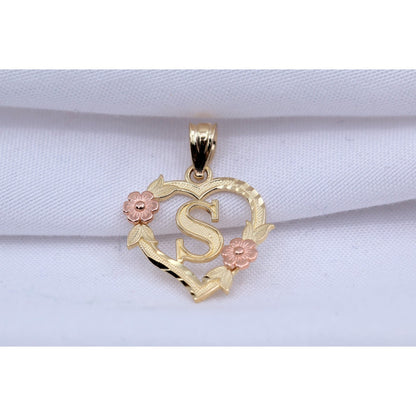 14K Two Tone Gold Floral Initial Letter " S " Heart Charm Pendant