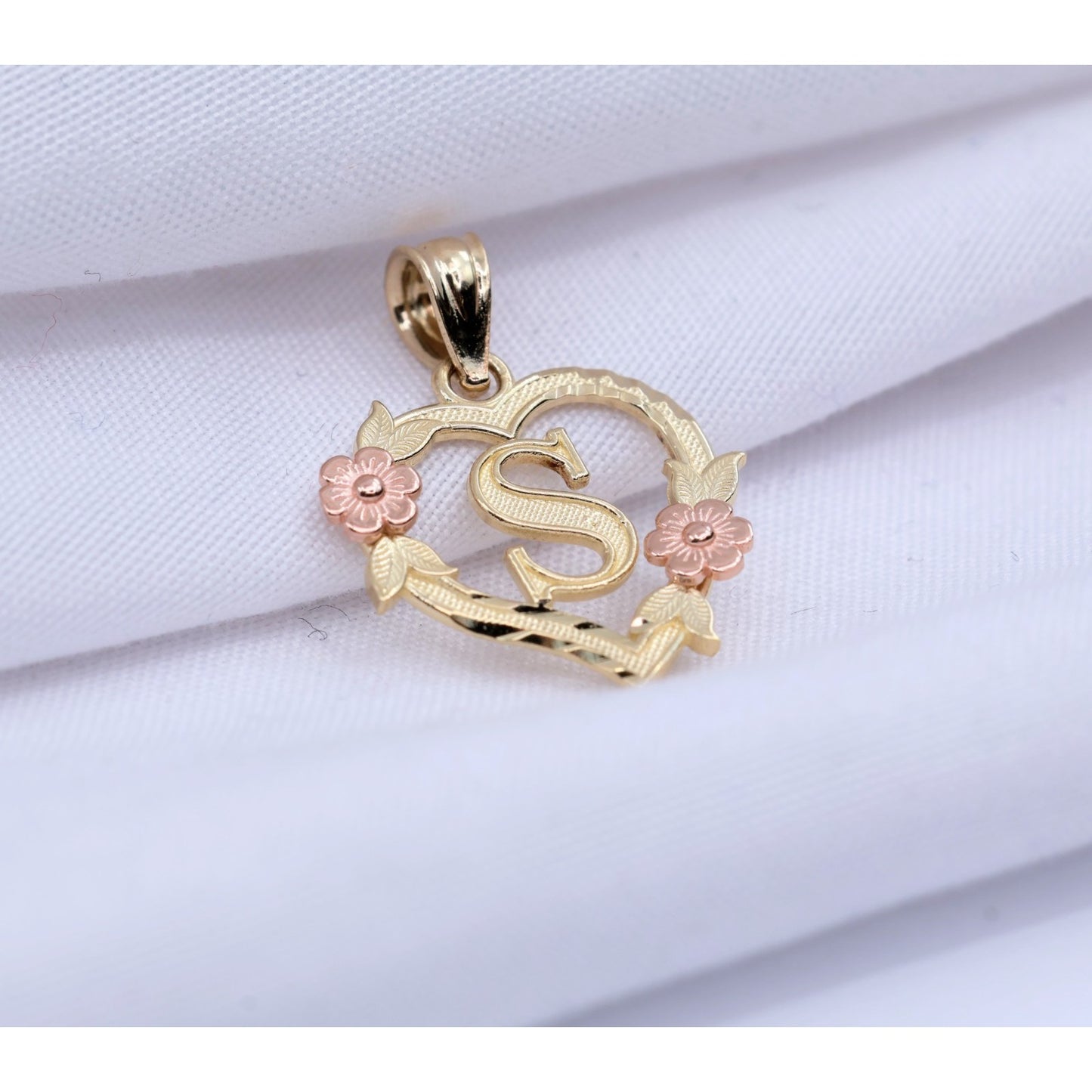 14K Two Tone Gold Floral Initial Letter " S " Heart Charm Pendant
