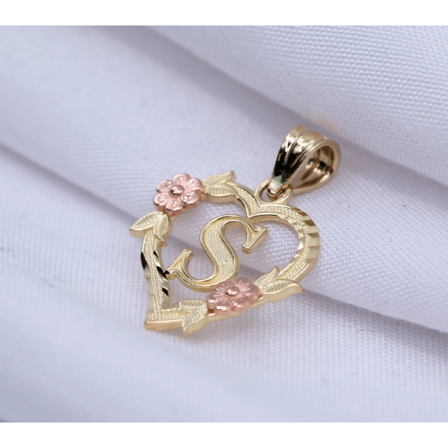 14K Two Tone Gold Floral Initial Letter " S " Heart Charm Pendant