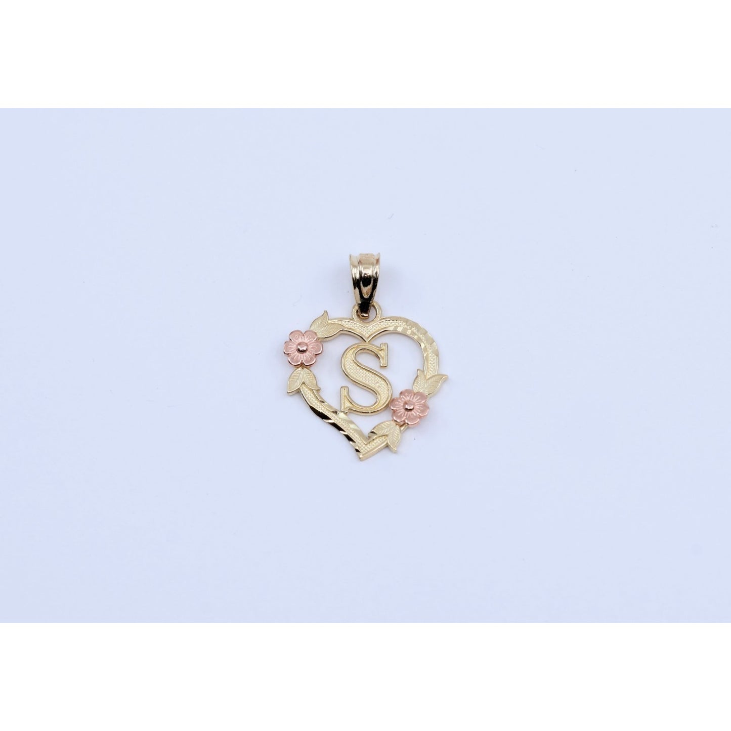 14K Two Tone Gold Floral Initial Letter " S " Heart Charm Pendant