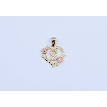 14K Two Tone Gold Floral Initial Letter " S " Heart Charm Pendant