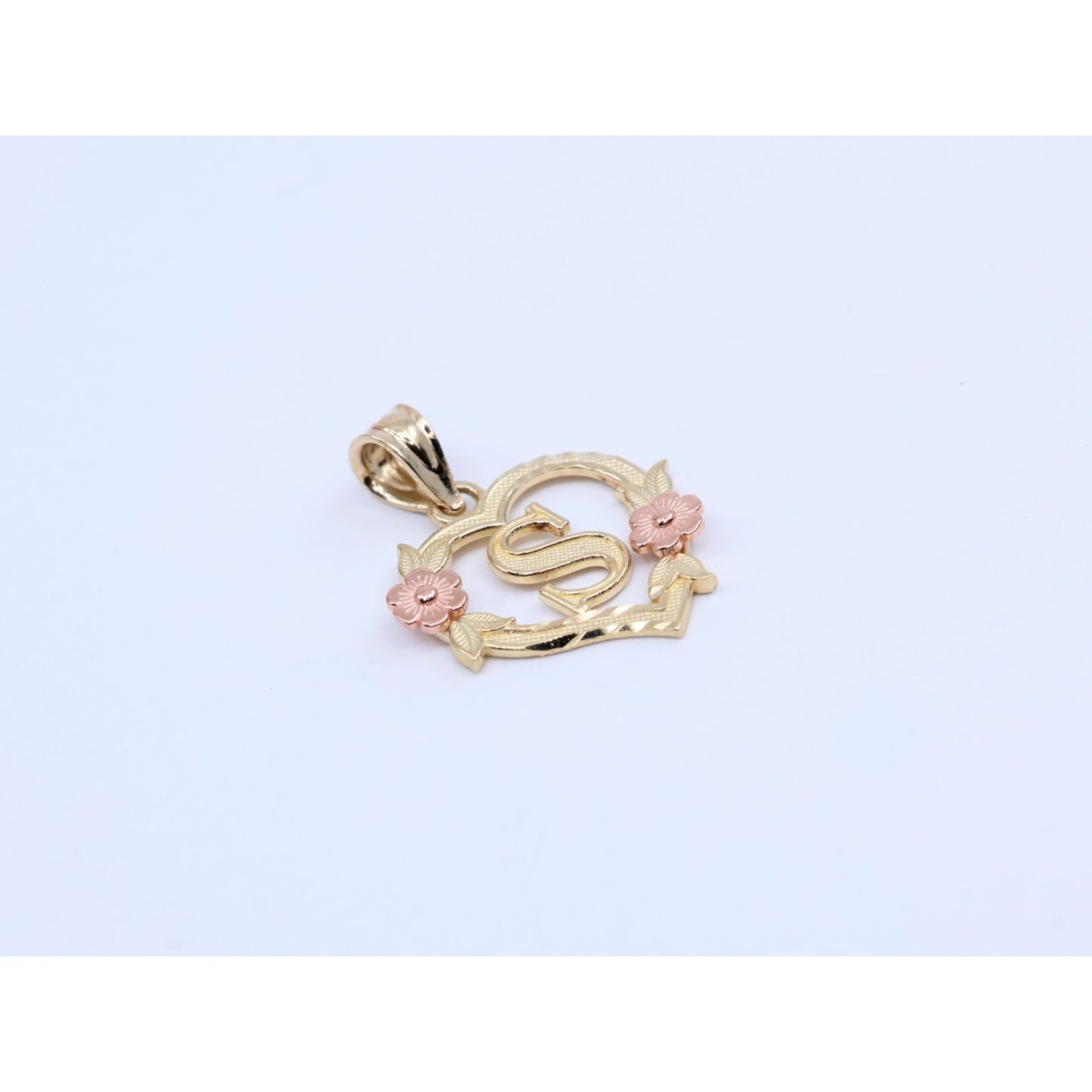 14K Two Tone Gold Floral Initial Letter " S " Heart Charm Pendant