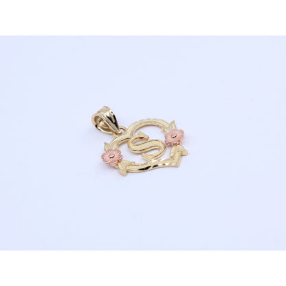 14K Two Tone Gold Floral Initial Letter " S " Heart Charm Pendant