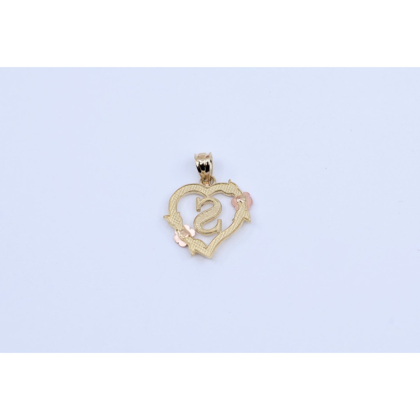 14K Two Tone Gold Floral Initial Letter " S " Heart Charm Pendant