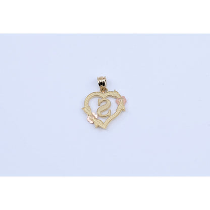 14K Two Tone Gold Floral Initial Letter " S " Heart Charm Pendant