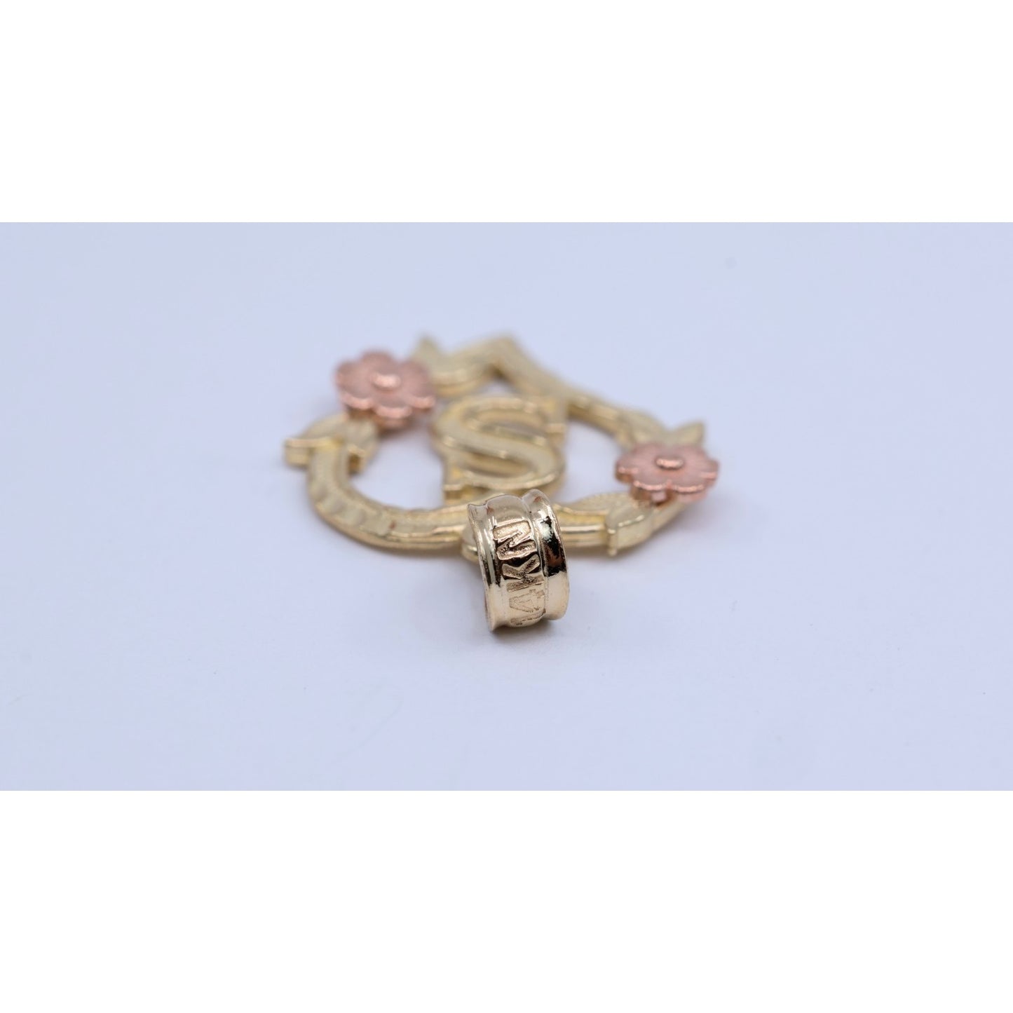 14K Two Tone Gold Floral Initial Letter " S " Heart Charm Pendant