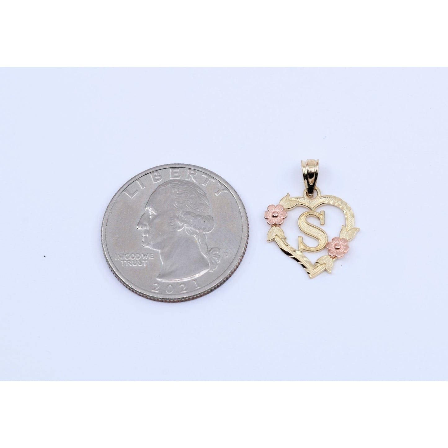 14K Two Tone Gold Floral Initial Letter " S " Heart Charm Pendant