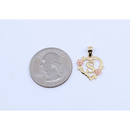 14K Two Tone Gold Floral Initial Letter " S " Heart Charm Pendant