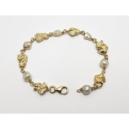 18K Yellow Gold Nugget & Pearl Link Bracelet