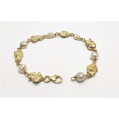 18K Yellow Gold Nugget & Pearl Link Bracelet