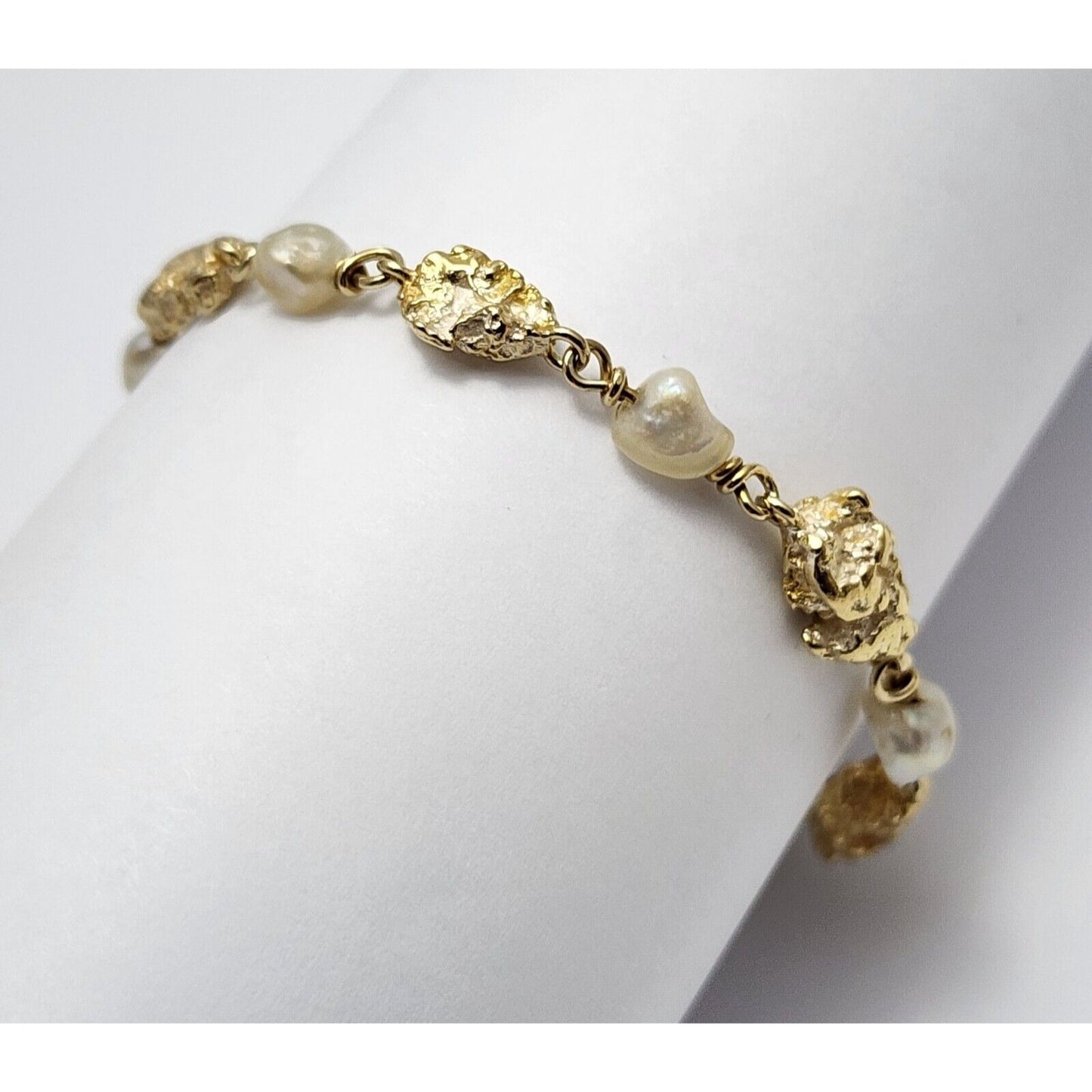 18K Yellow Gold Nugget & Pearl Link Bracelet