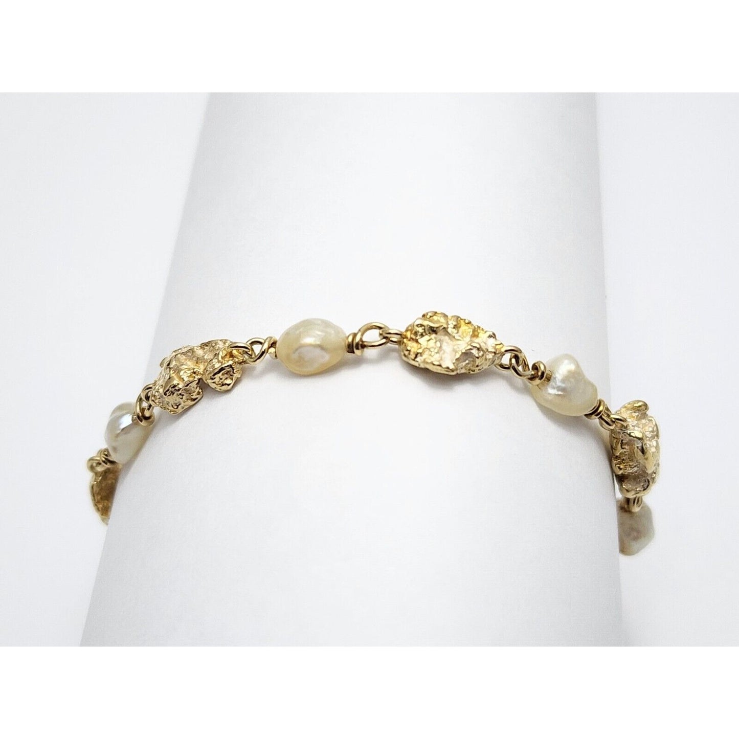 18K Yellow Gold Nugget & Pearl Link Bracelet