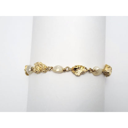 18K Yellow Gold Nugget & Pearl Link Bracelet