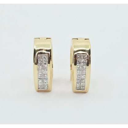 14K Yellow Gold Princess Cut Diamond Hinged Half Hoop Earrings
