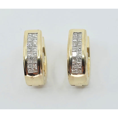 14K Yellow Gold Princess Cut Diamond Hinged Half Hoop Earrings