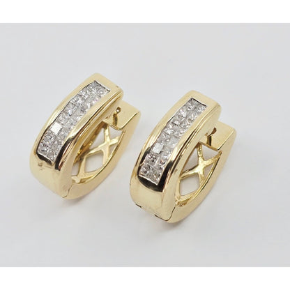 14K Yellow Gold Princess Cut Diamond Hinged Half Hoop Earrings