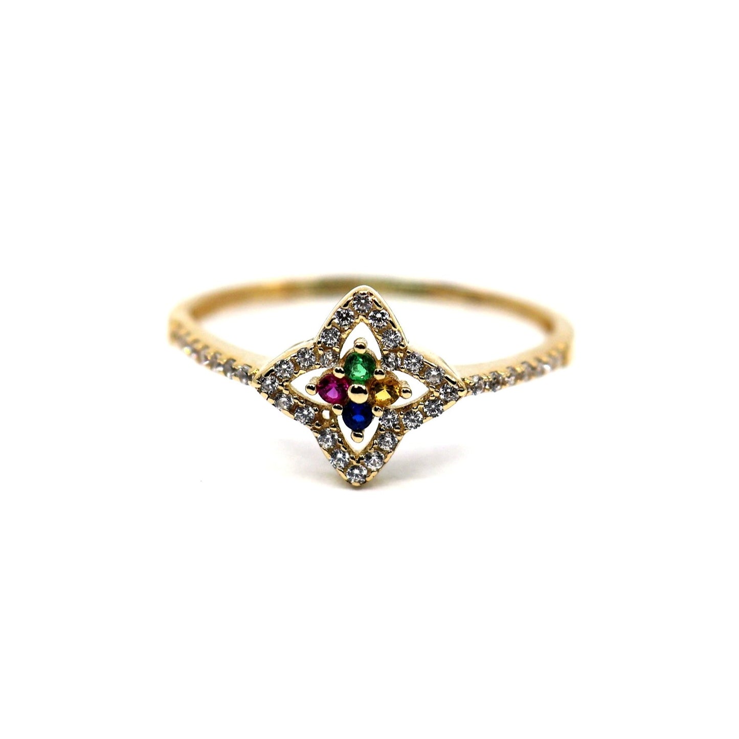 Thin 14K Yellow Gold Multi Colored Stone & CZ Floral Ring