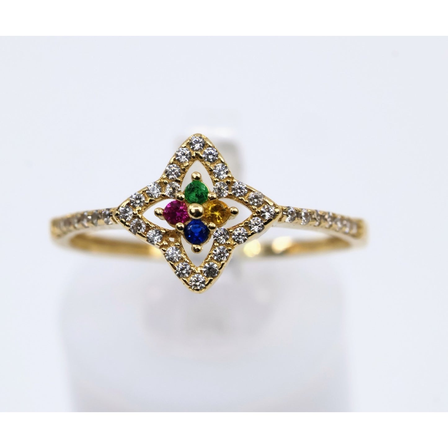 Thin 14K Yellow Gold Multi Colored Stone & CZ Floral Ring