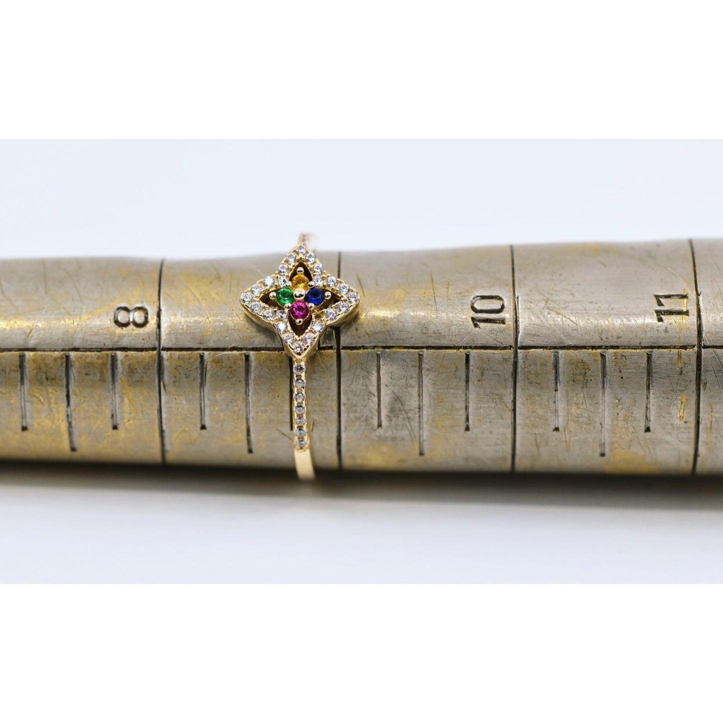 Thin 14K Yellow Gold Multi Colored Stone & CZ Floral Ring