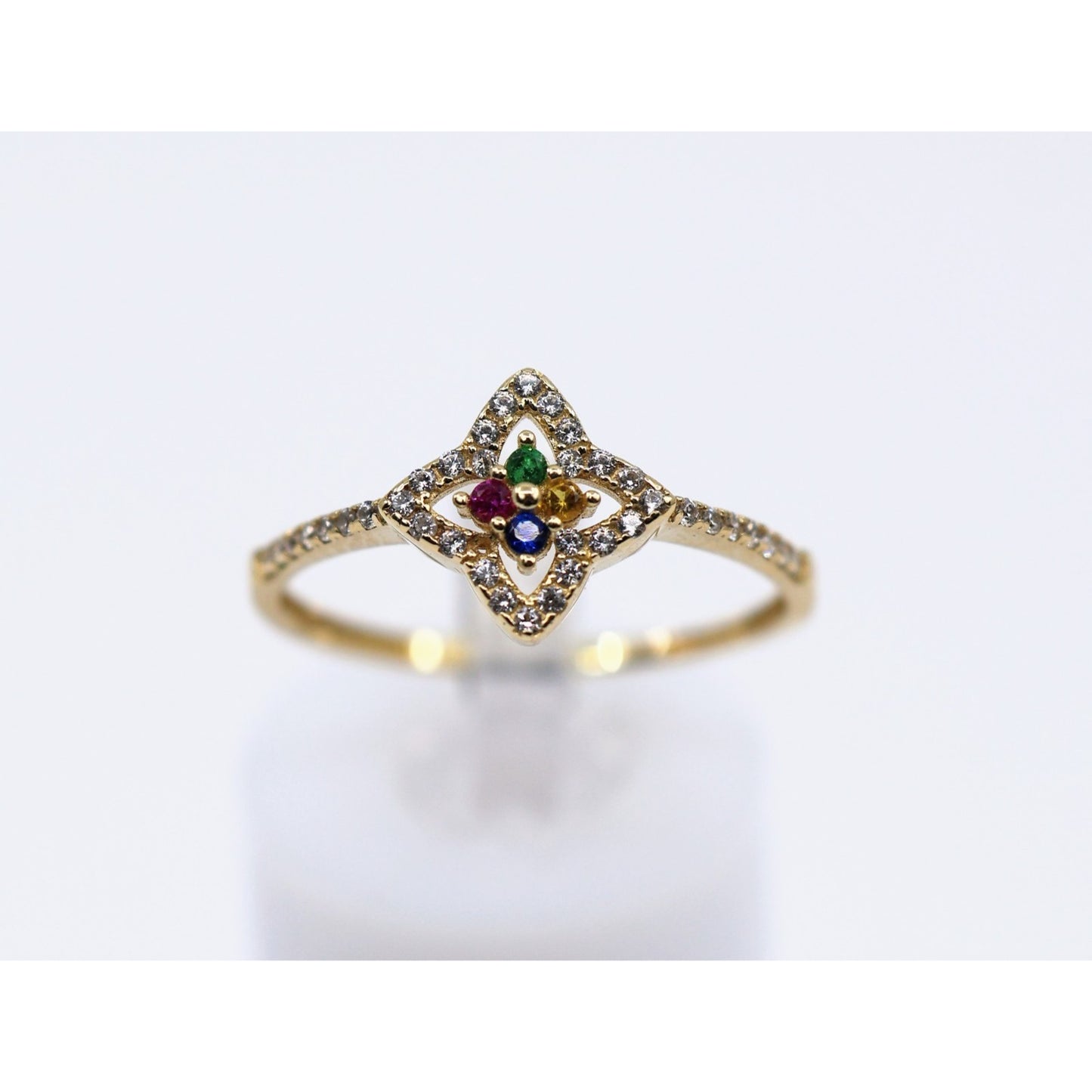 Thin 14K Yellow Gold Multi Colored Stone & CZ Floral Ring