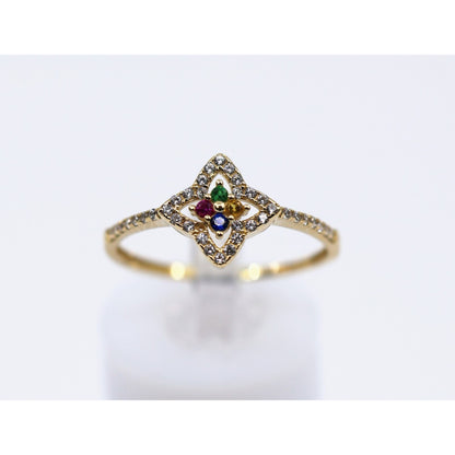 Thin 14K Yellow Gold Multi Colored Stone & CZ Floral Ring