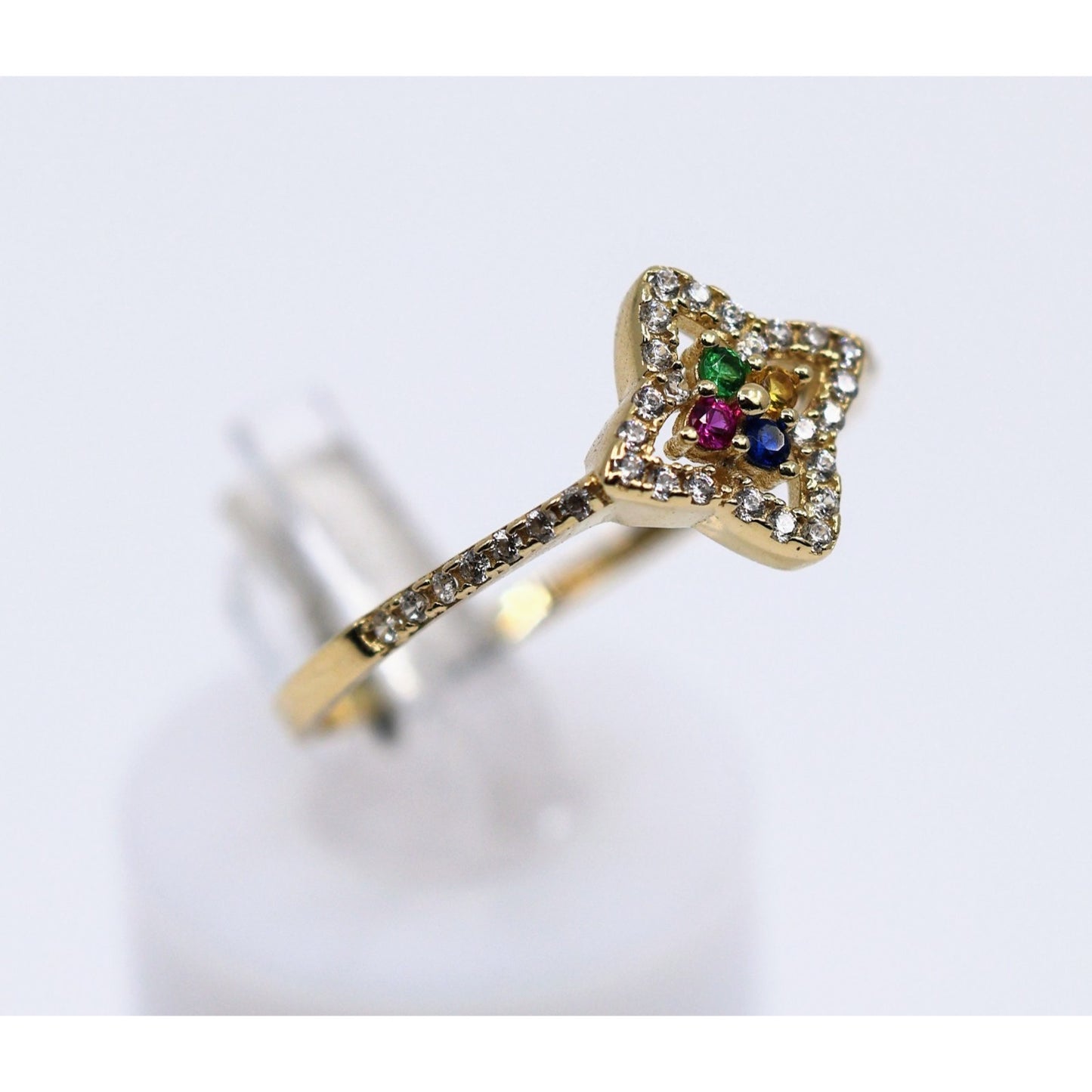 Thin 14K Yellow Gold Multi Colored Stone & CZ Floral Ring
