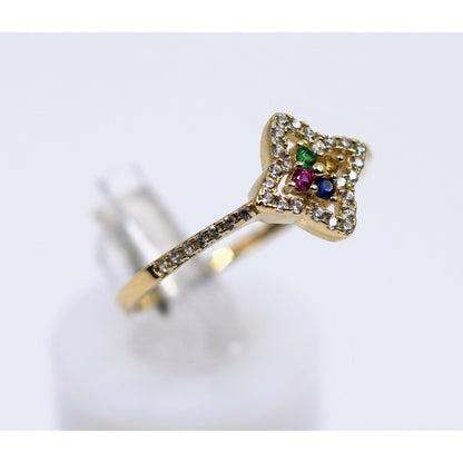 Thin 14K Yellow Gold Multi Colored Stone & CZ Floral Ring