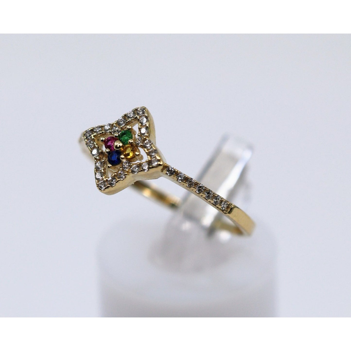 Thin 14K Yellow Gold Multi Colored Stone & CZ Floral Ring