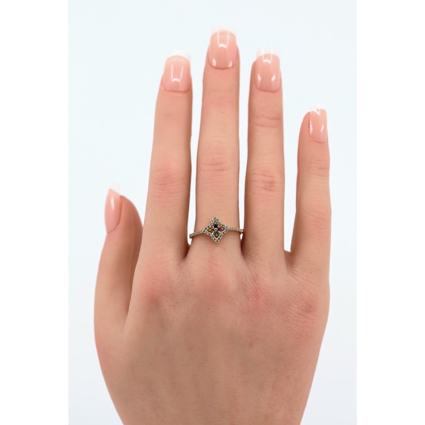 Thin 14K Yellow Gold Multi Colored Stone & CZ Floral Ring