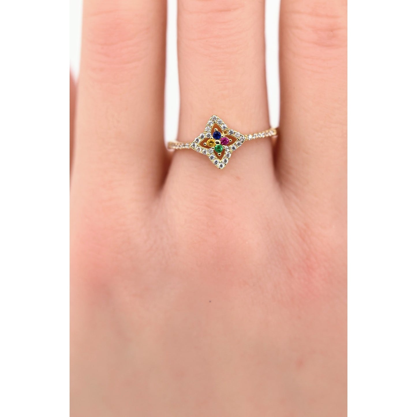 Thin 14K Yellow Gold Multi Colored Stone & CZ Floral Ring