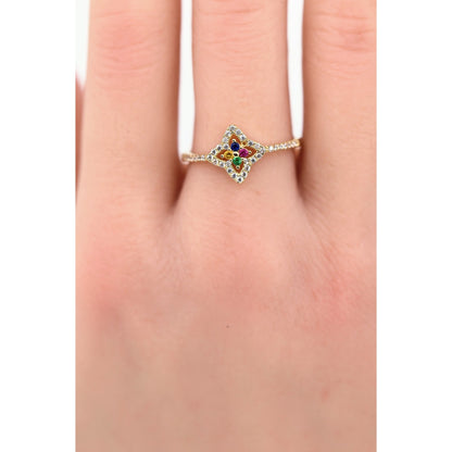 Thin 14K Yellow Gold Multi Colored Stone & CZ Floral Ring