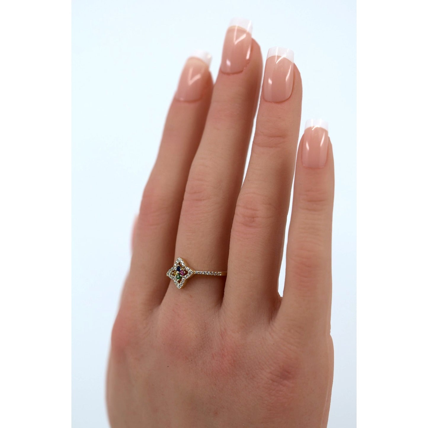 Thin 14K Yellow Gold Multi Colored Stone & CZ Floral Ring