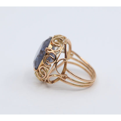 Large 18K Yellow Gold Purple Colored Stone Filigree Ring