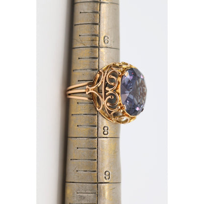 Large 18K Yellow Gold Purple Colored Stone Filigree Ring