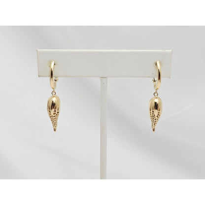 18K Yellow Gold Italian Horn Drop Dangle French Clip Earrings