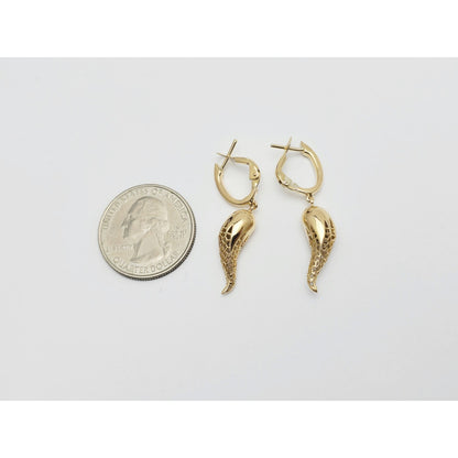 18K Yellow Gold Italian Horn Drop Dangle French Clip Earrings