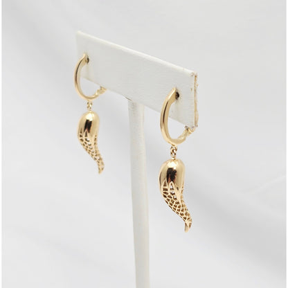 18K Yellow Gold Italian Horn Drop Dangle French Clip Earrings