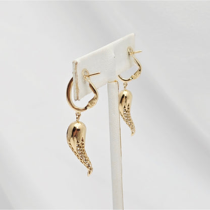 18K Yellow Gold Italian Horn Drop Dangle French Clip Earrings
