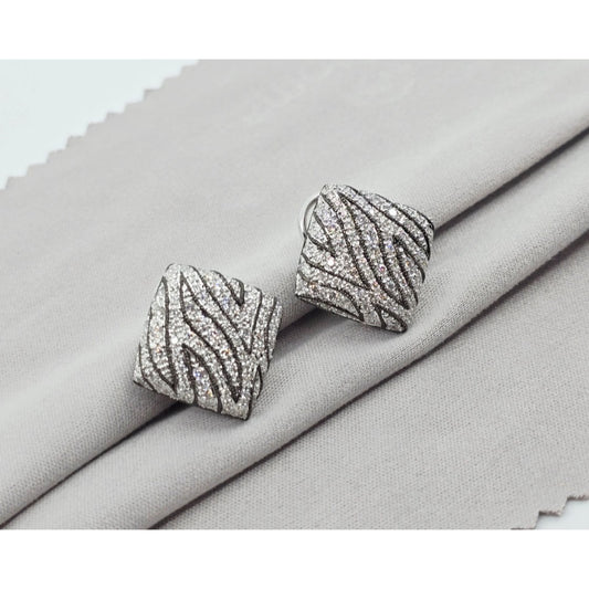 14K White Gold Zebra Pattern Diamond French Clip Earrings