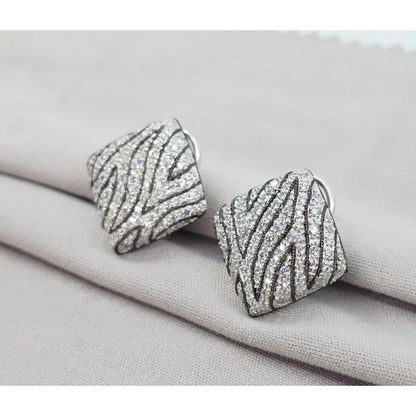 14K White Gold Zebra Pattern Diamond French Clip Earrings