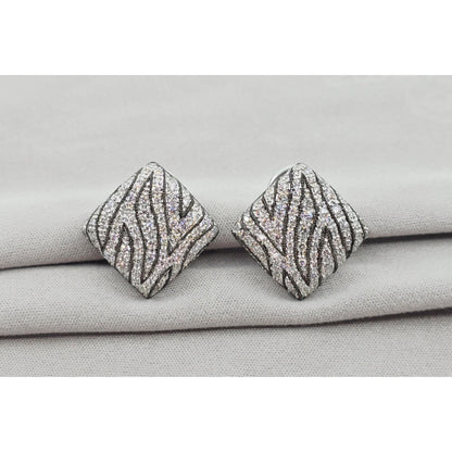 14K White Gold Zebra Pattern Diamond French Clip Earrings