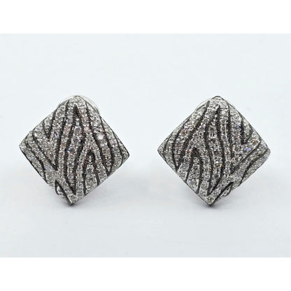 14K White Gold Zebra Pattern Diamond French Clip Earrings