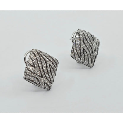 14K White Gold Zebra Pattern Diamond French Clip Earrings