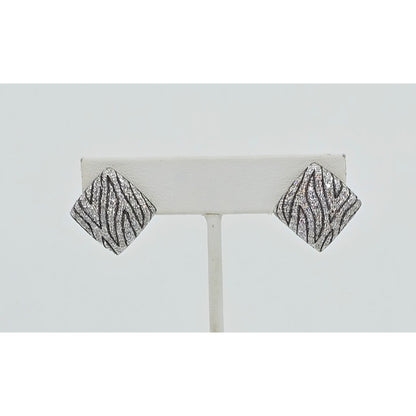 14K White Gold Zebra Pattern Diamond French Clip Earrings