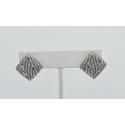 14K White Gold Zebra Pattern Diamond French Clip Earrings