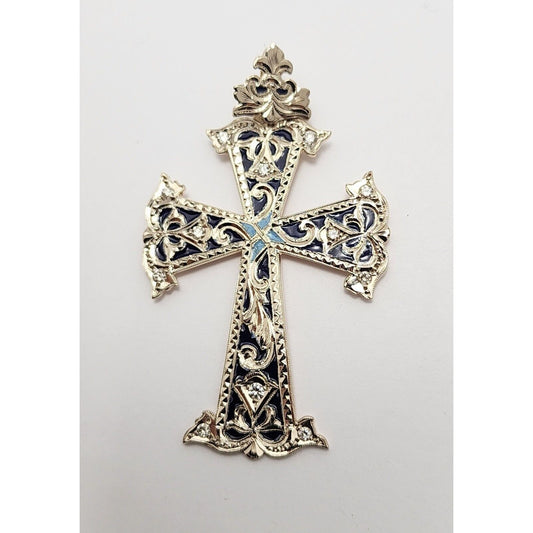 14K Two Tone Gold Hand Made Enamel Cross Diamond Charm Pendant