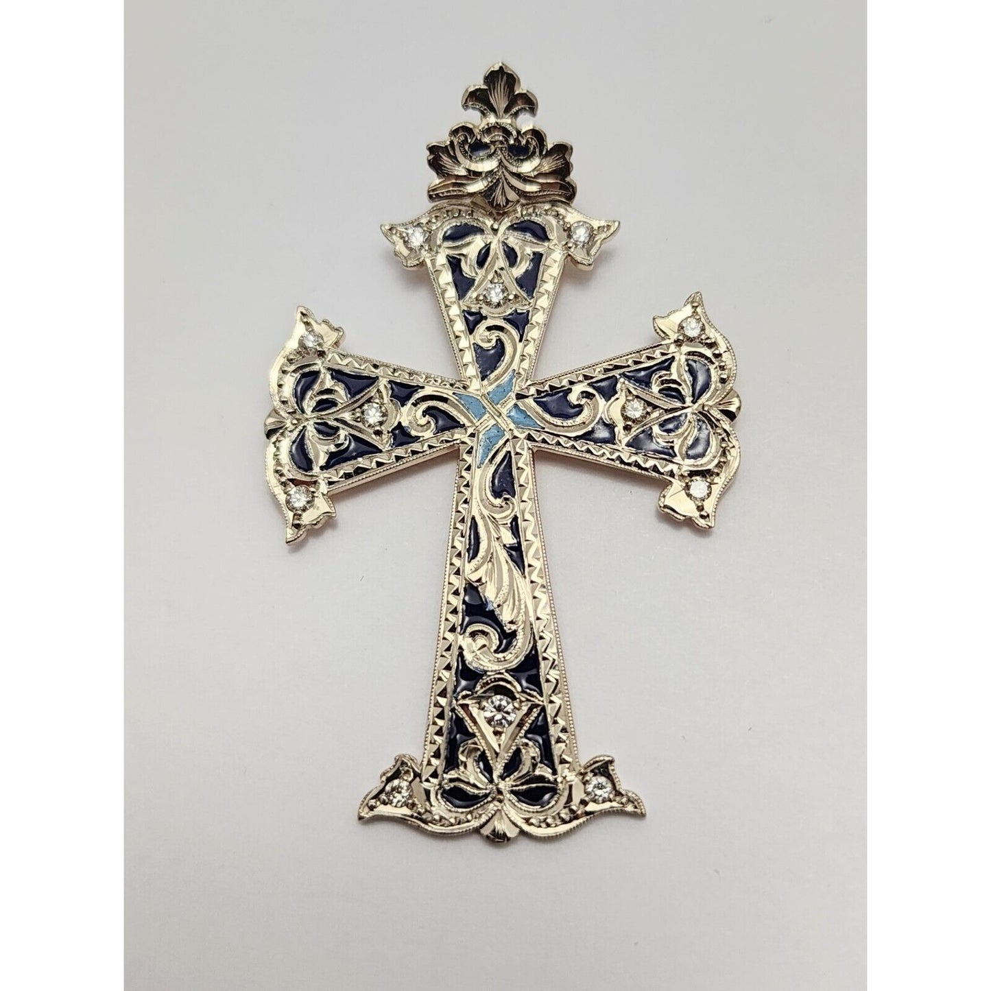 14K Two Tone Gold Hand Made Enamel Cross Diamond Charm Pendant