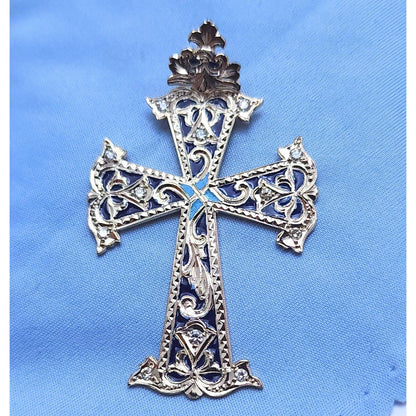 14K Two Tone Gold Hand Made Enamel Cross Diamond Charm Pendant