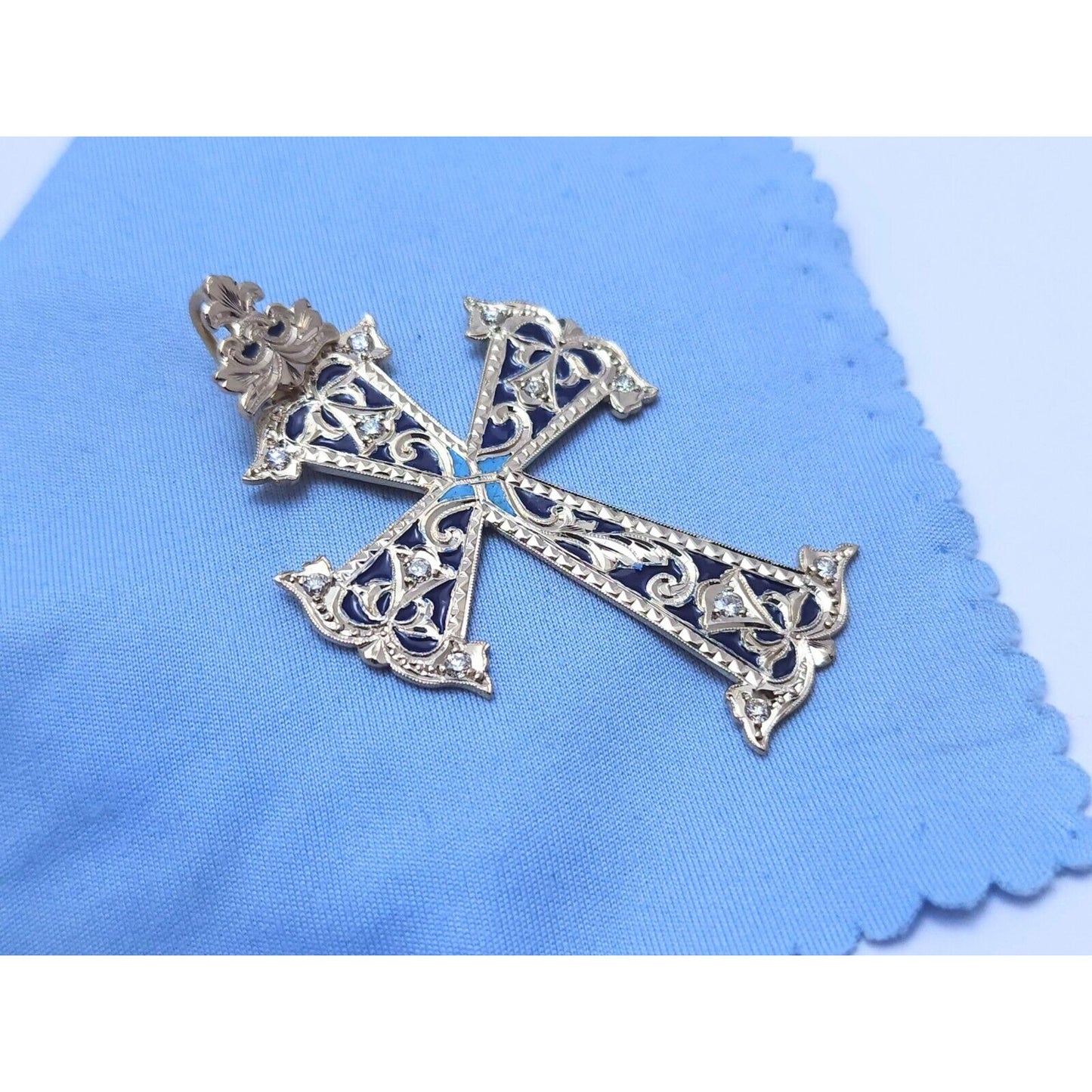 14K Two Tone Gold Hand Made Enamel Cross Diamond Charm Pendant